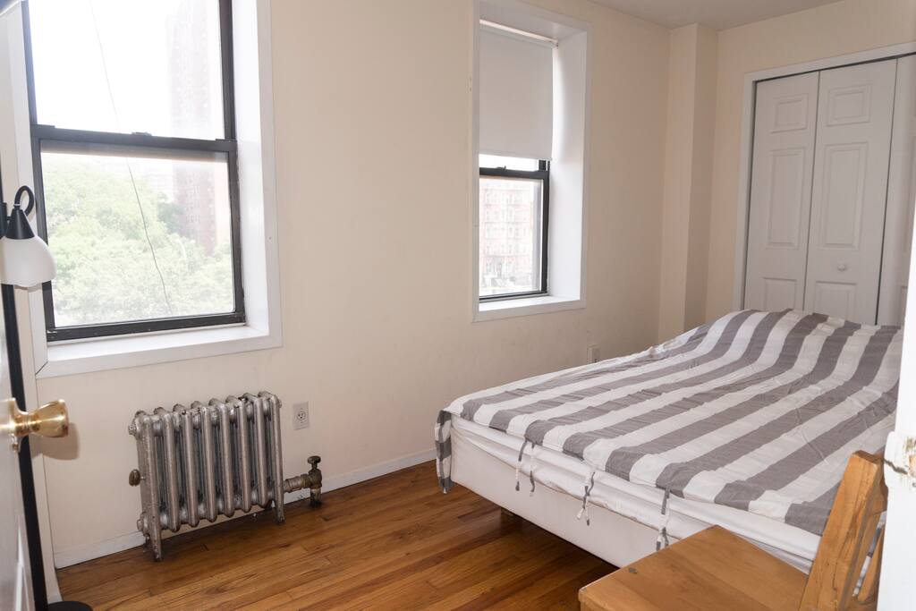 Bedroom with large closet and windows