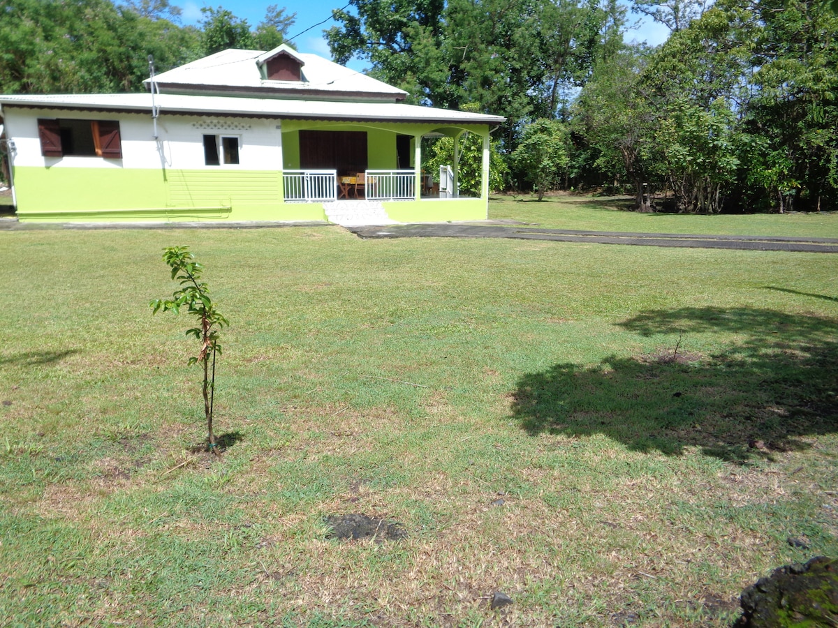 A single-story building is depicted, painted in a light green and white color scheme. A spacious lawn, well-maintained and grassy, surrounds the structure. Trees and lush vegetation provide a natural backdrop, enhancing the serene outdoor environment.