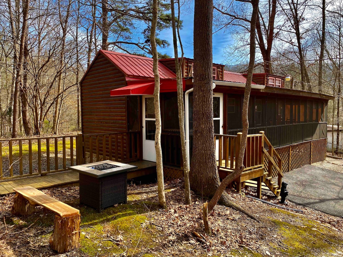 A rustic tiny cabin is nestled among trees, featuring a red metal roof and a welcoming front porch. A wooden ramp leads to the entrance, and a small gas fire pit is positioned beside a log bench. Natural surroundings add to the peaceful atmosphere.