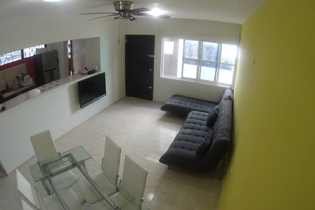 Living & Dining Room + Open Kitchen & Bar + TV