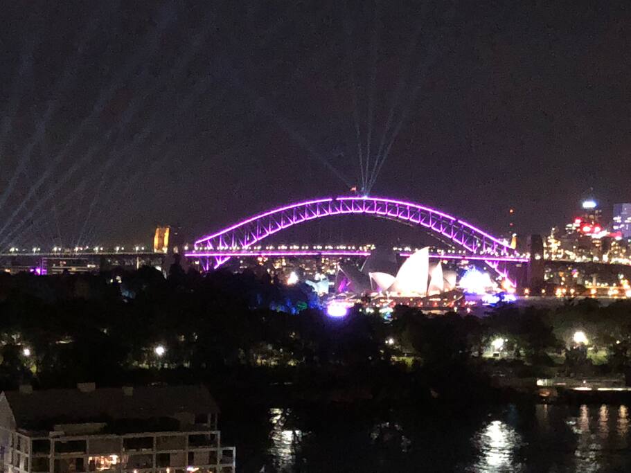 Photo taken from our rooftop terrace on 27/5/18. A perfect view of the Vivid Light Show in Sydney which is on from 26th May til 16th June 2018!