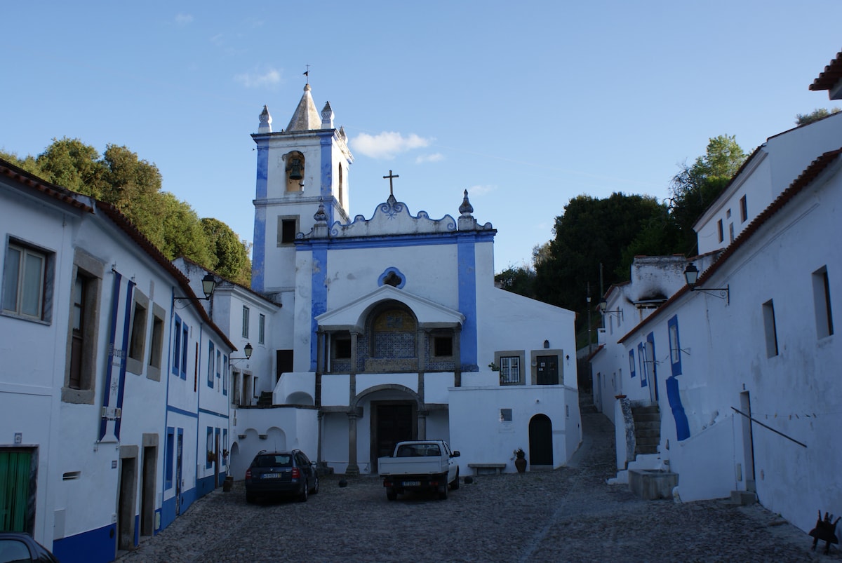 A traditional whitewashed church stands prominently in the village square, featuring blue accents and a tall bell tower. Surrounding cobblestone paths wind between nearby buildings, enhancing the rustic charm of the Alentejo village. Lush trees rise in the background, complementing the serene atmosphere.