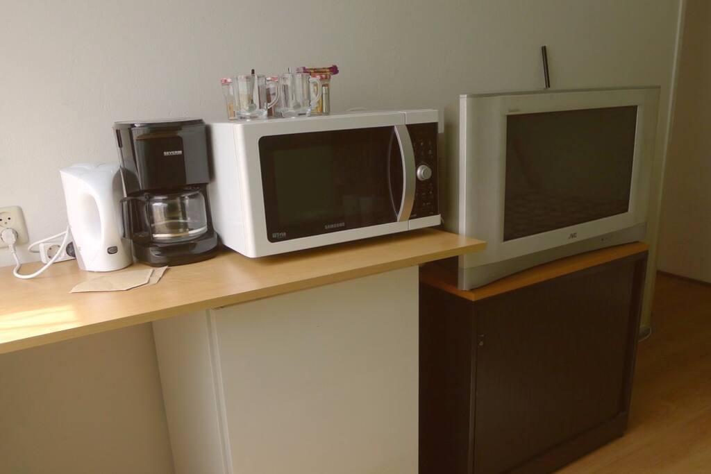 TV, fridge, coffee and tea
