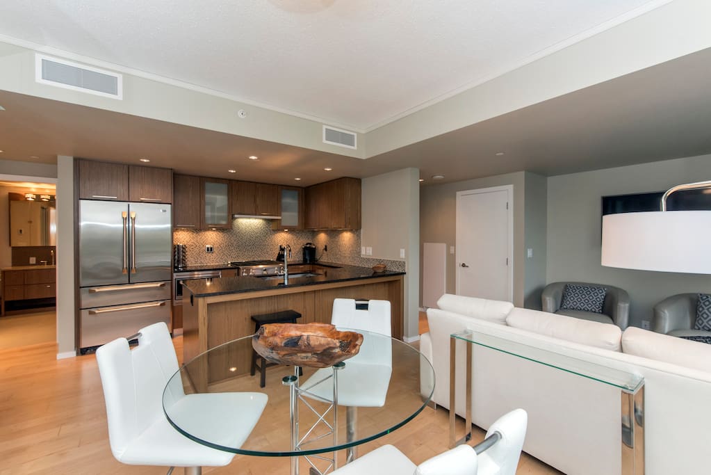 Kitchen, dining, and pull out queen sofa bed