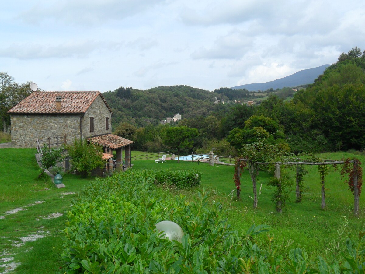 The image features a rustic stone house set against a lush green landscape. Surrounding gardens and wooded areas lead to a glimmering pool in the distance, framed by gentle hills under a partly cloudy sky.