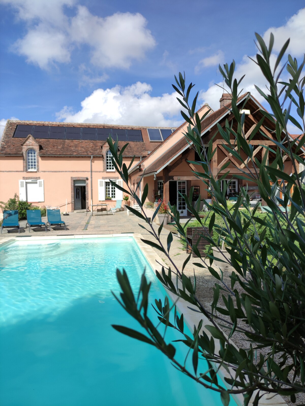 The image features a tranquil pool area, surrounded by a well-maintained garden. A charming two-story house with a rustic wooden structure is visible in the background, alongside sun loungers positioned by the pool. Clear blue skies enhance the inviting atmosphere.