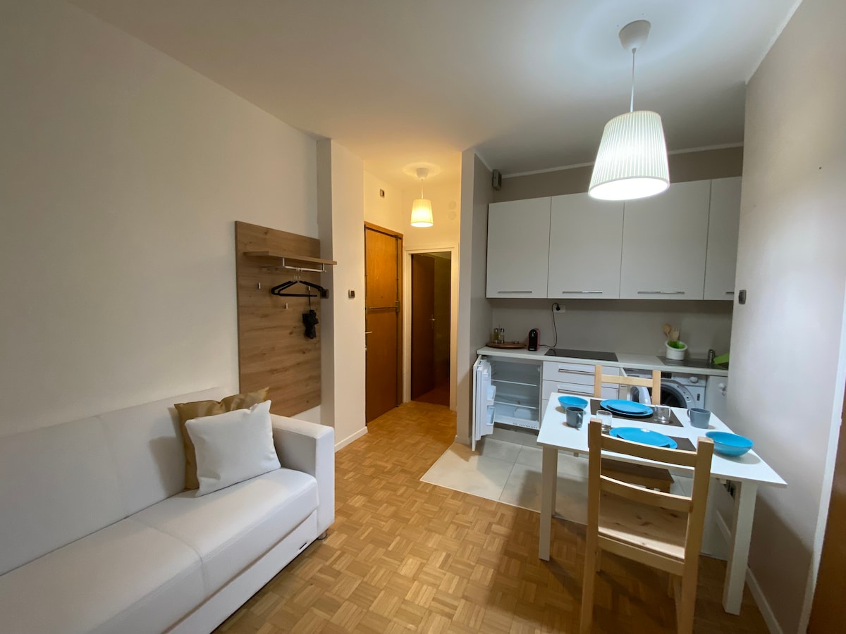 A simple and well-maintained living space includes a white sofa and a dining area with a wooden table. The kitchen is equipped with essential appliances, while light fixtures provide illumination. The entryway leads to a door marked for additional access.