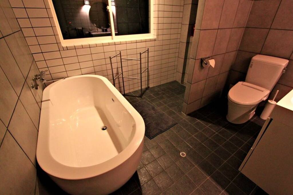 Luxurious bathroom with heated floors and modern feel