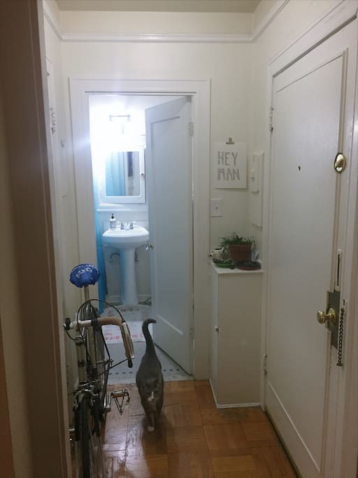 The entryway and bathroom.