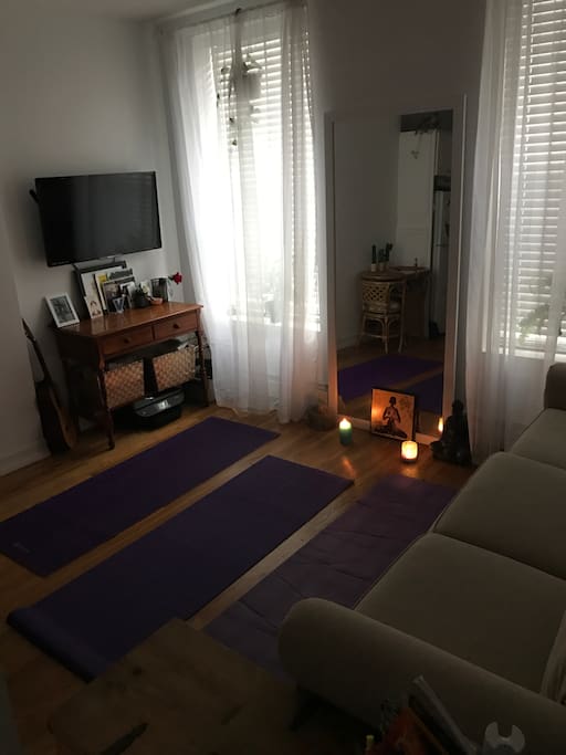 Room is easily transformed into a sanctuary for meditation or yoga, just move the coffee table and unroll the mats by the window...the space can also fit an air mattress if you have one!