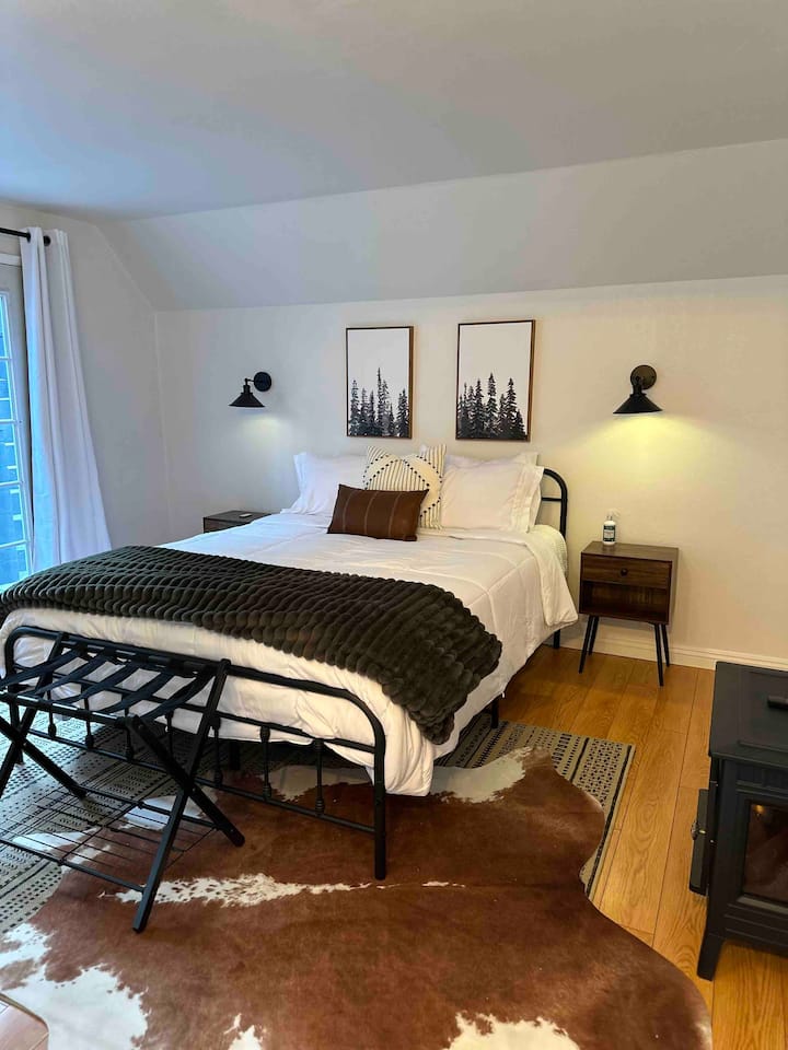 Guest Bedroom 2 with queen bed, electric fireplace and closet space for your belongings (sleeps 2). 