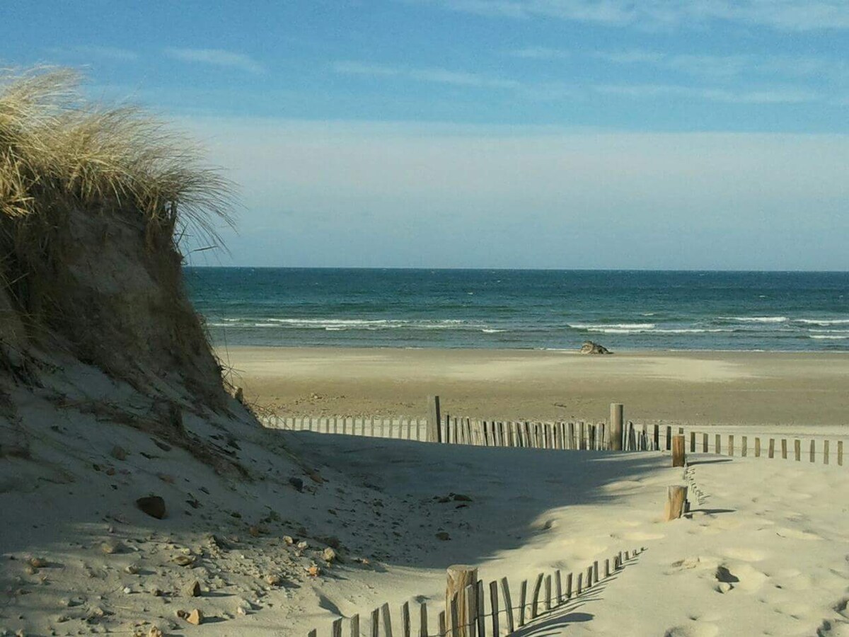 A sandy beach is visible, bordered by wooden fencing that leads towards the water. Dunes with tall grasses are present on the left, while calm ocean waves roll under a clear blue sky. The shoreline stretches across the horizon.