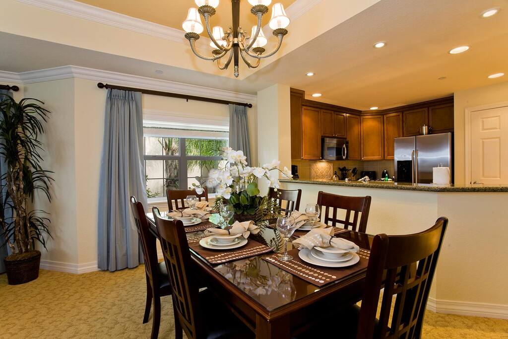 The dining area for six provides the perfect place to trade tales