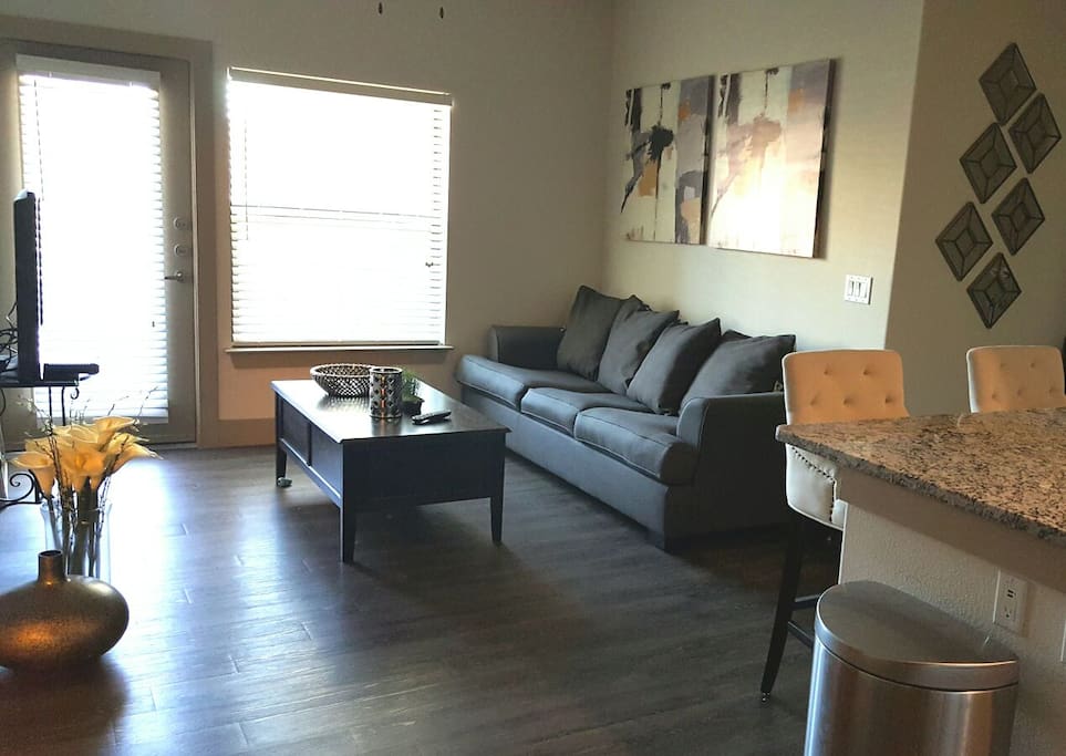 Open living room with 46' TV with cable/WIFI