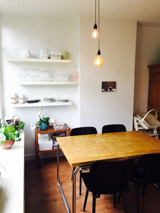 Our dining table including a chair for our little friend