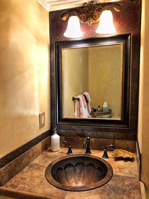 Autumn Glow private bathroom, stand up rain shower + copper sink