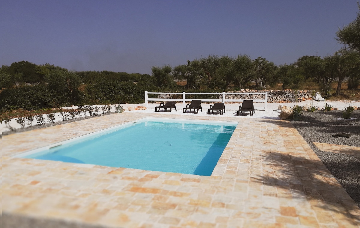 A tranquil swimming pool is surrounded by a stone patio, featuring several lounge chairs for relaxation. Lush greenery and olive trees can be seen in the background, providing a serene atmosphere in the countryside.