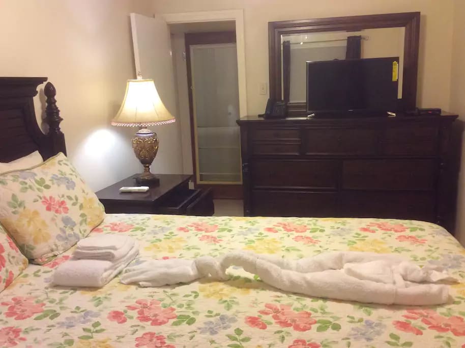 The master bedroom has a queen-size bed, an adjoining private bathroom, SMART LED TV, air conditioning and fan.