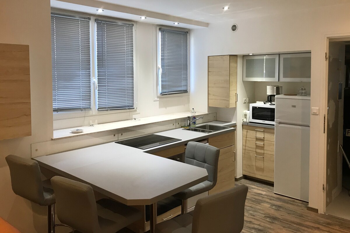 An open kitchen features modern cabinetry and appliances, complemented by a spacious countertop. Natural light enters through multiple windows, providing a bright and airy atmosphere. Bar stools are positioned around the countertop, creating an inviting space for dining or socializing.