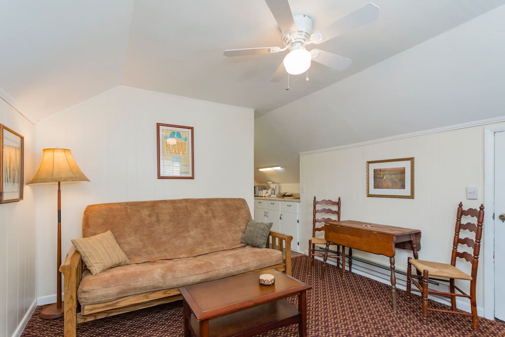 The futon folds out to a comfy double bed.