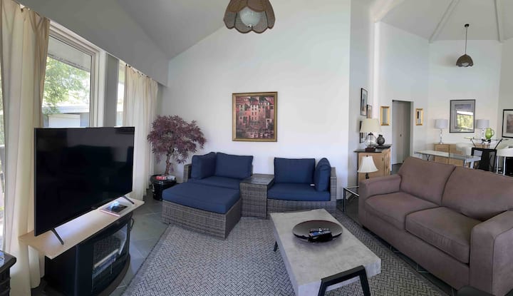 Living area with queen size sofa bed and a 55” Samsung smart TV (4K)