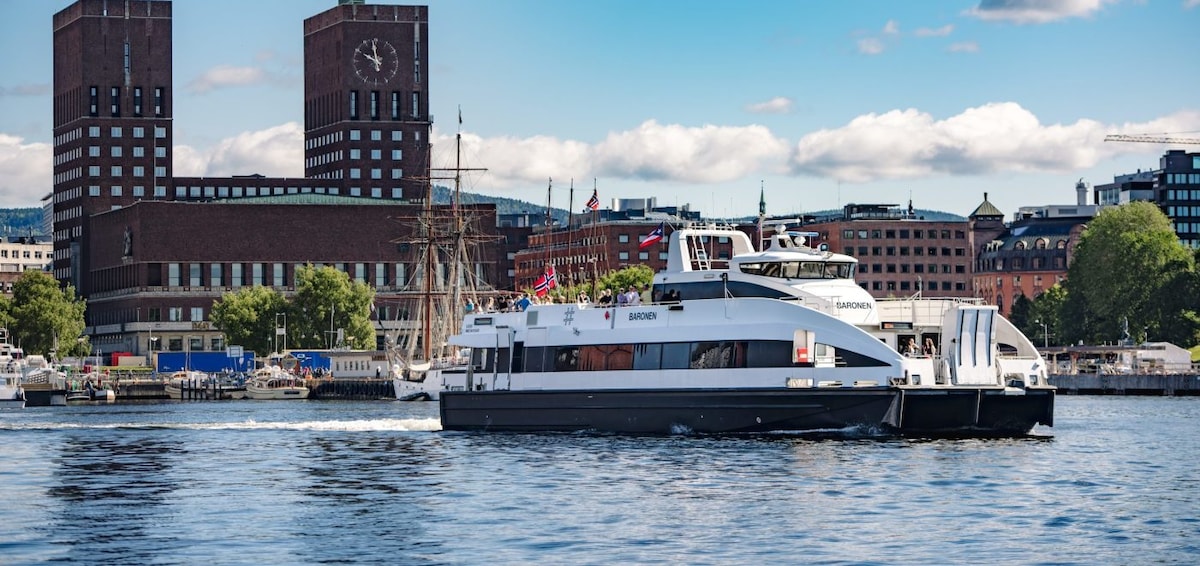 A ferry moves gracefully across the water, with a backdrop of modern buildings and historic architecture lining the shoreline. Flags are visible on the ferry and nearby structures, indicating a lively atmosphere. The sky is partly cloudy, enhancing the view of the bustling harbor.