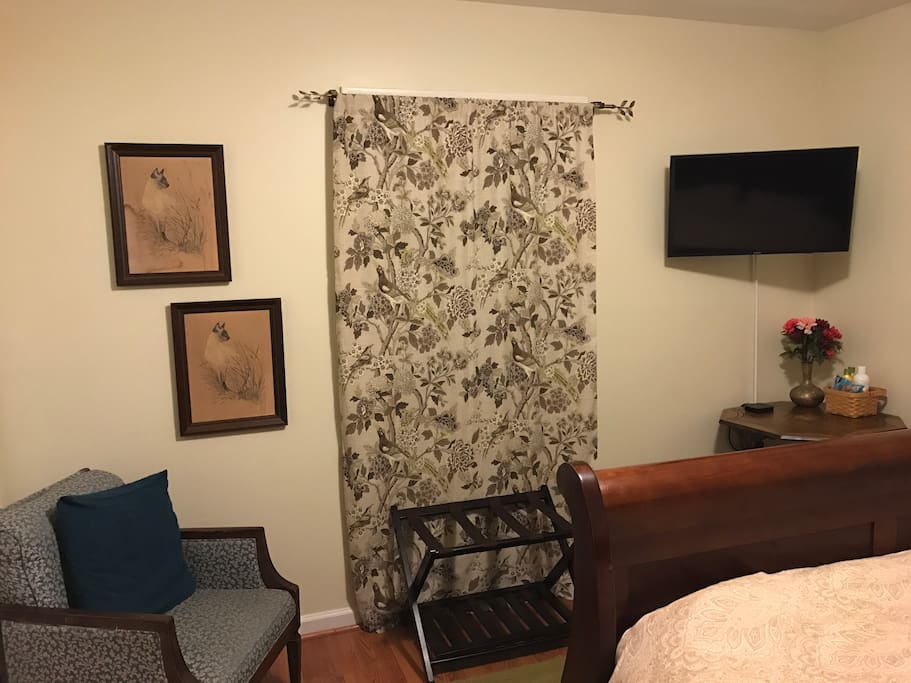 Plenty of sunlight. Newly installed curtains allow for more privacy. TV on the wall so you can watch from bed. Great view of the side and backyards.