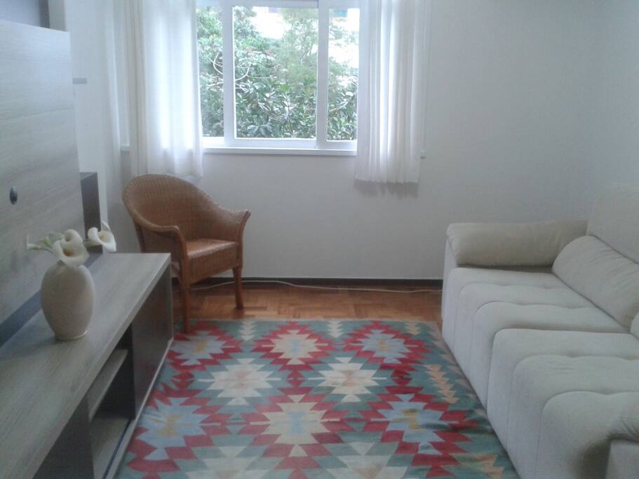 Vista para a Lagoa e para o verde.
Apartamento claro e silencioso; apenas canto dos passarinhos.