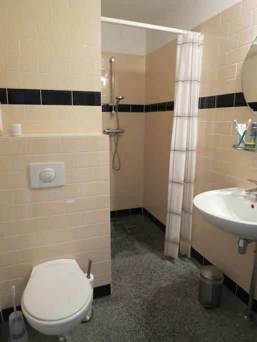 Clean bathroom with toilet and shower
