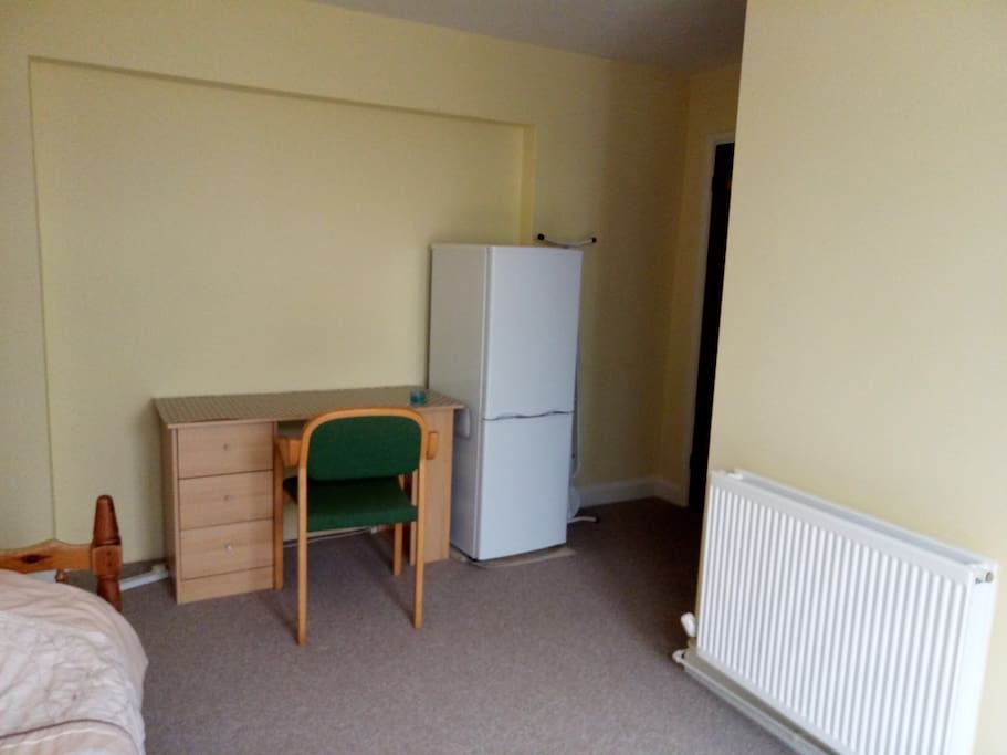 Fridge and kettle in room