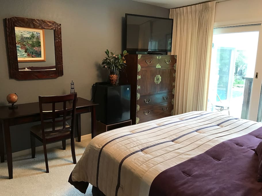 Private Pool View Bedroom has Desk/Table, Refrigerator, Cable T.V., WiFi