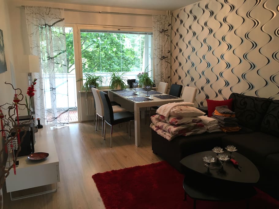 Living room with a balcony.