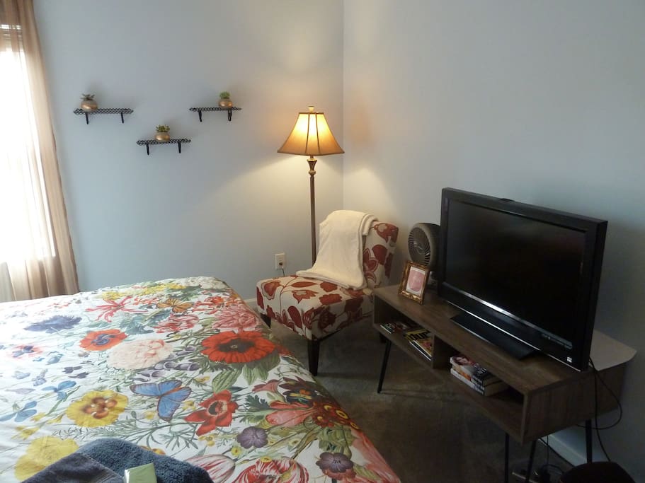 Cozy sitting area and TV with multiple streaming channels.
