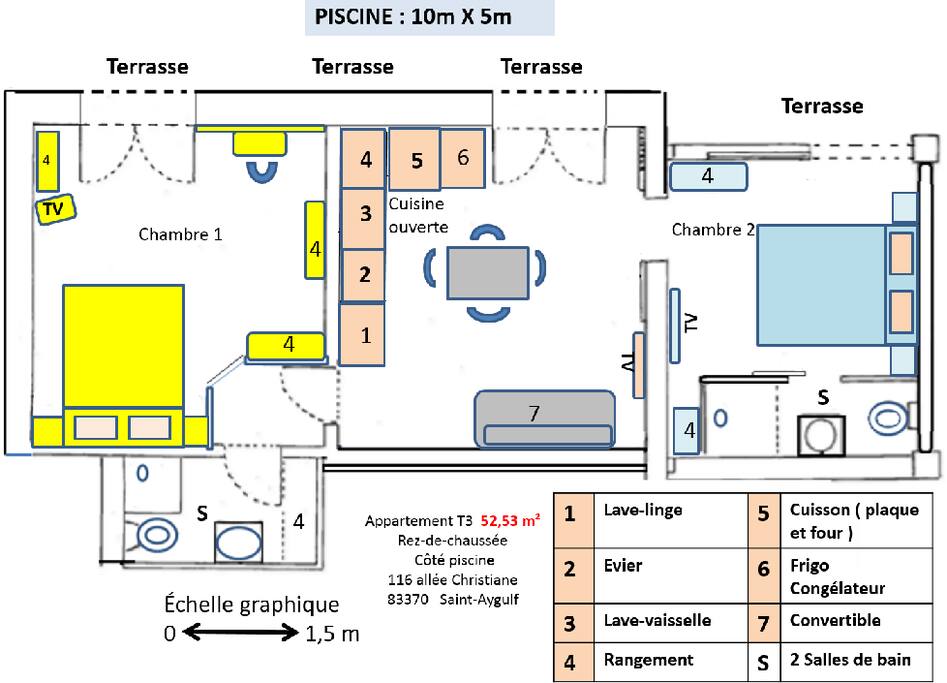 Plan du T3 loué avec la piscine
