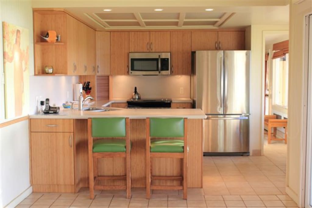 Bamboo cabinets, stainless appliances, very complete kitchen