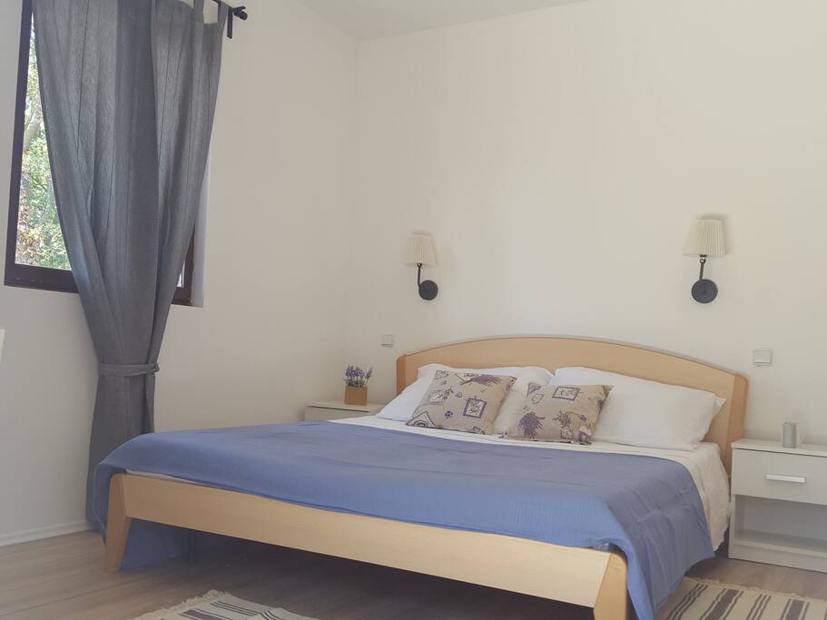 1'th Bedroom with double bed and a terrace and outdoor shower