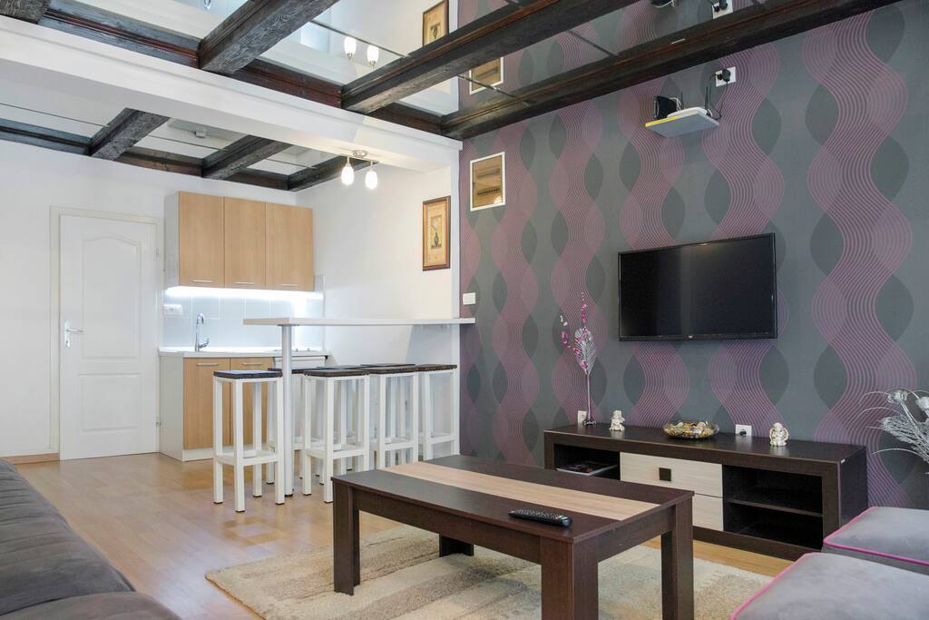 Living room, dining room and kitchen