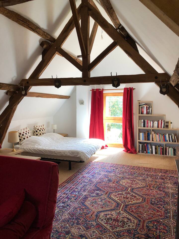 Dhoma e 6-të e gjumit plot me hijeshi në shtëpinë e vizitorëve. Krevat dopio "king" dhe krevat divani. 40 m2 dhomë. Dhomë dushi dhe tualeti në katin përdhe 