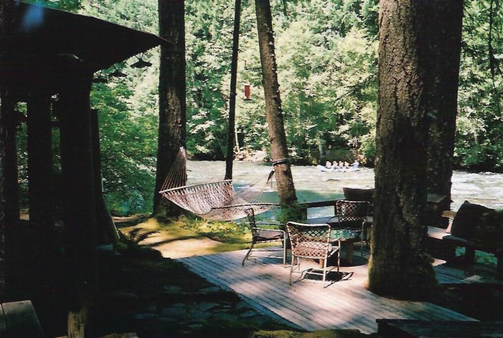 View of riverfront decks looking downstream