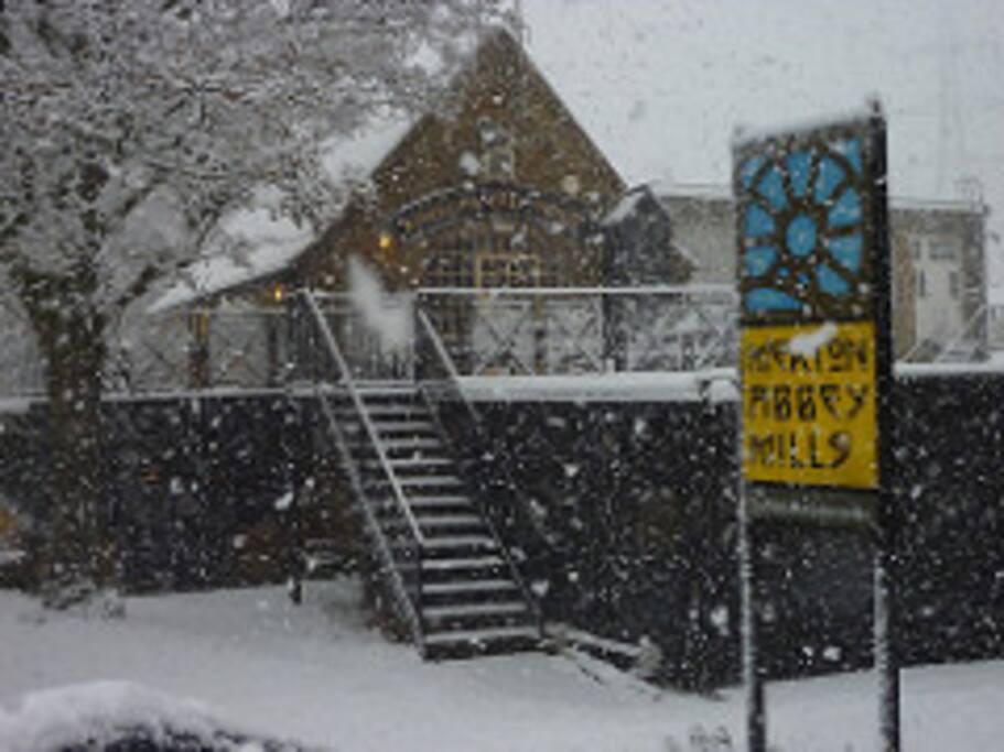 Merton Abbey Mills is outside the front door.