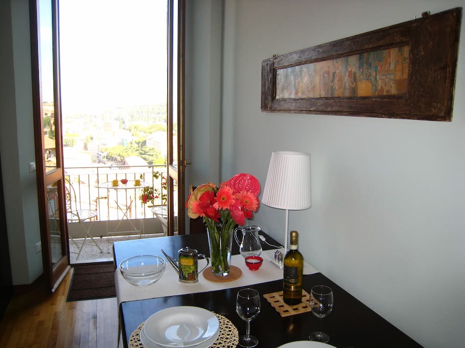 The dinner/work/study table as you look outwards over the city rooftops.