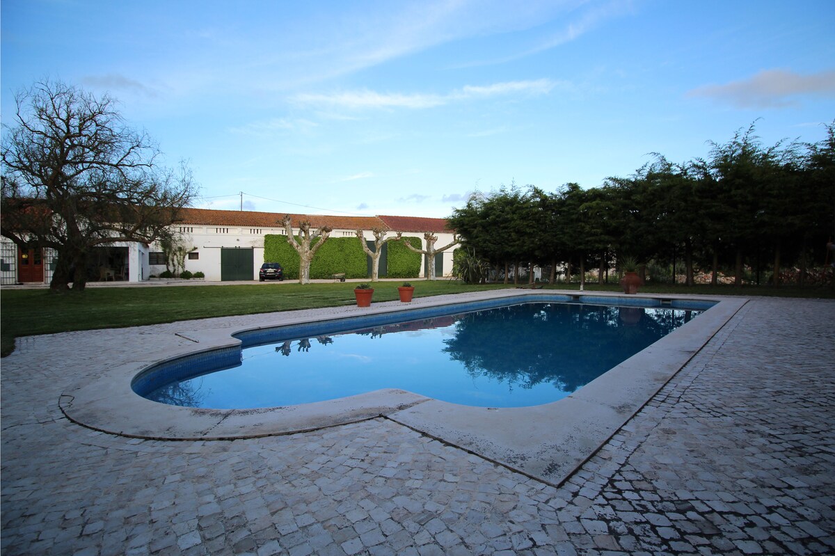 A private pool is surrounded by well-maintained gardens and features a smooth stone terrace. Green hedges and potted plants enhance the serene setting, offering a spacious area for relaxation. The clear water reflects the blue sky, creating a calm and inviting outdoor atmosphere.