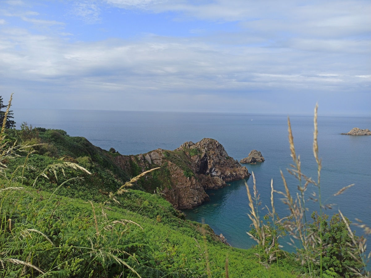 A coastal view is presented, featuring rugged cliffs and a serene blue sea. Lush green vegetation lines the foreground, with rocky formations jutting into the water. The sky exhibits soft clouds, contributing to a calm and tranquil environment.