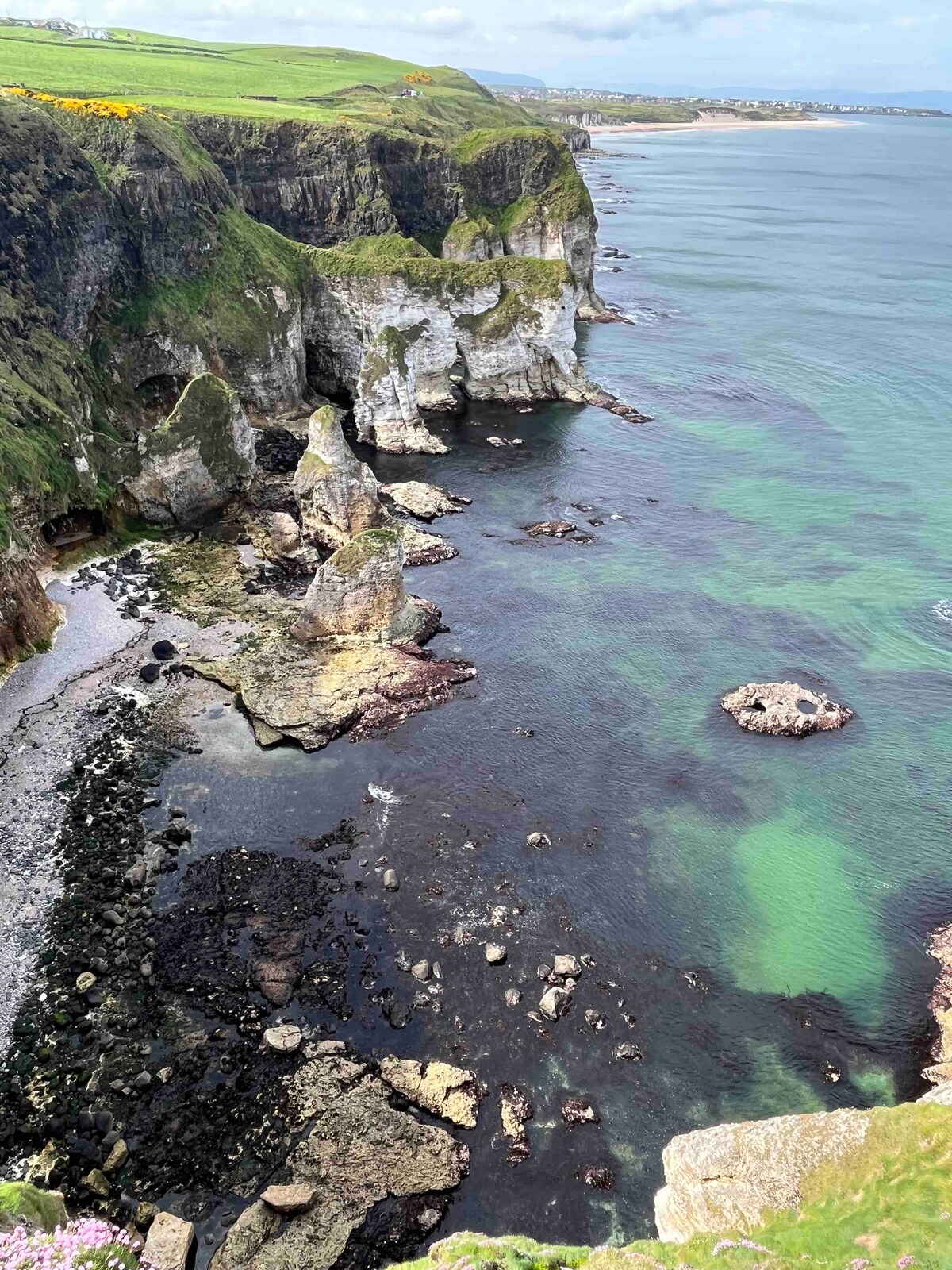 A rugged coastal landscape is depicted, featuring dramatic cliffs that rise above a shoreline of rocky formations. The clear blue-green waters contrast with the dark stones, while patches of green vegetation can be seen atop the cliffs, creating a natural, untouched beauty.