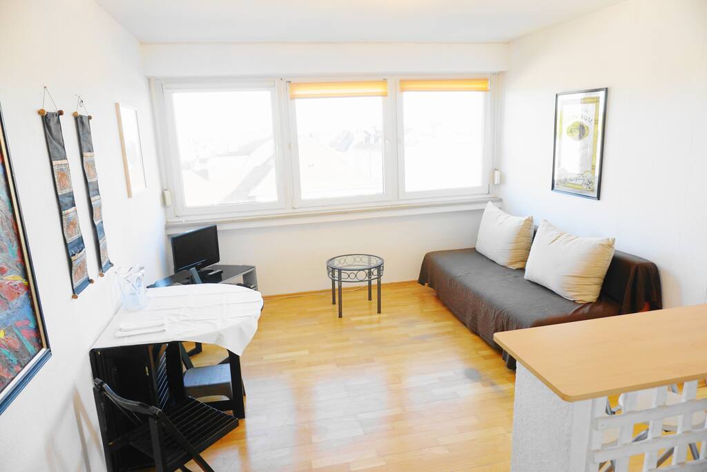 In front of the kitchen, the room offers a cozy living area with big windows.