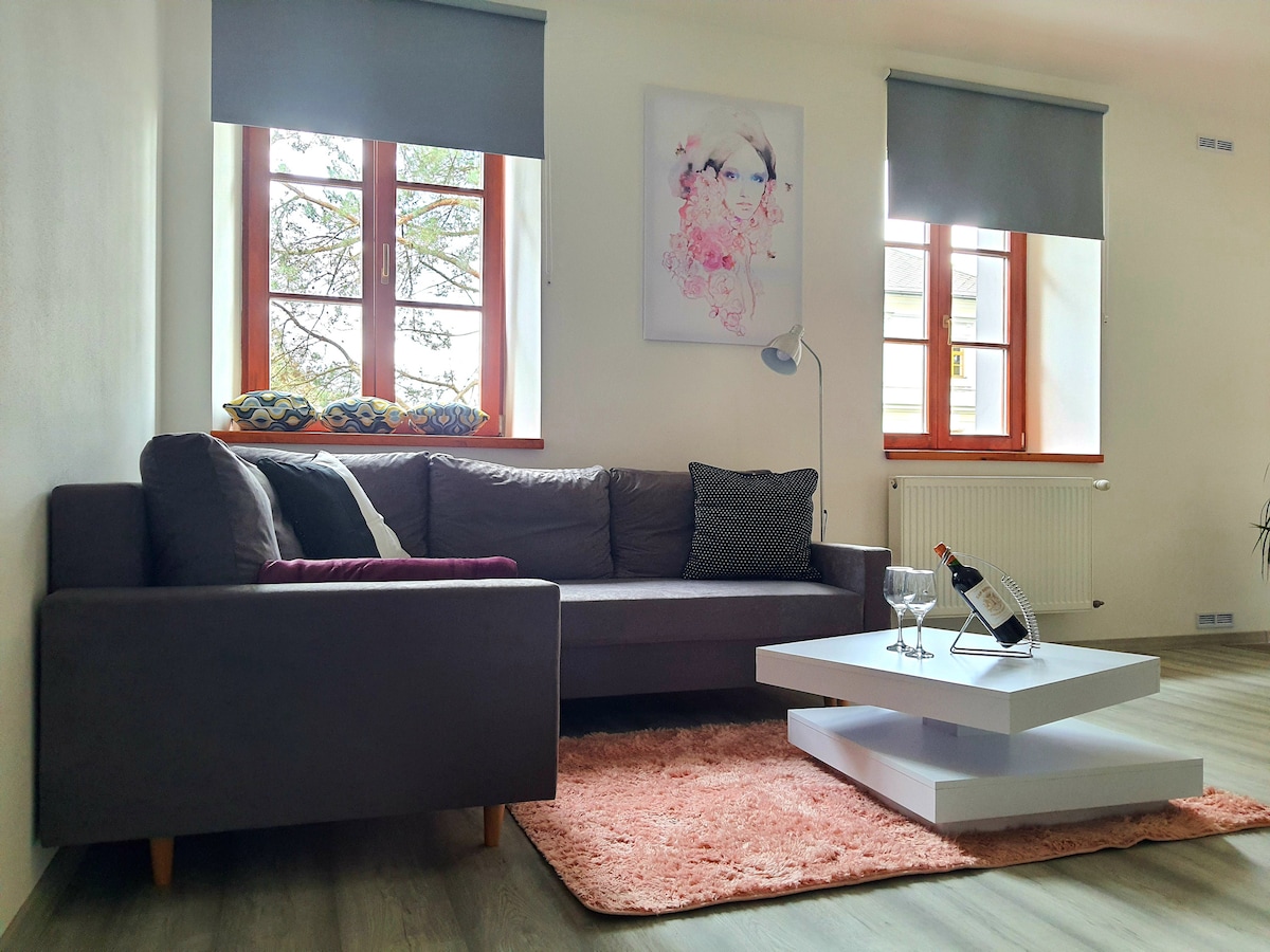 A modern living area features a dark gray sofa, complemented by a textured area rug. Natural light filters through large windows adorned with roller shades. A stylish coffee table with a bottle of wine and glasses adds to the inviting setting, enhanced by a whimsical wall art piece.