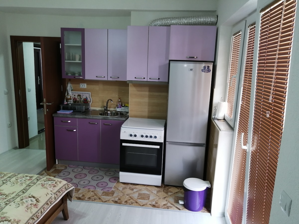 A compact kitchen area is equipped with purple cabinets and modern appliances, including a stove, oven, and refrigerator. A countertop provides space for meal preparation, with a window allowing natural light to brighten the area. The flooring combines tiles and laminate for a practical design.