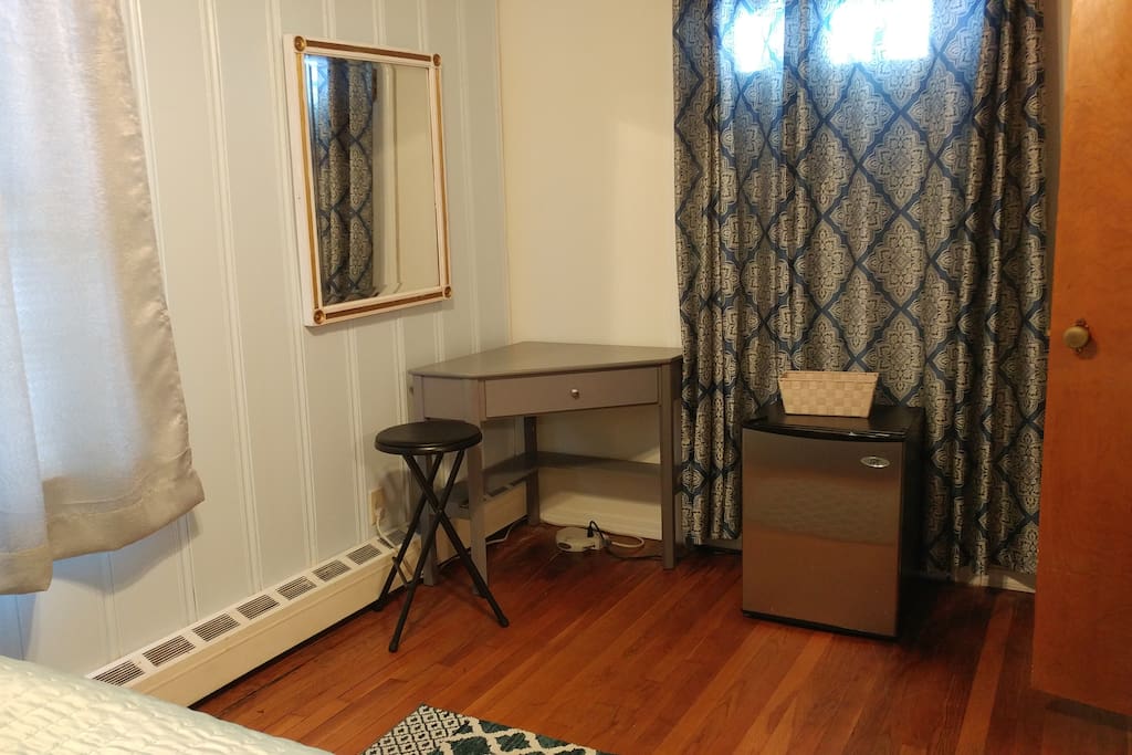 Corner desk and personal fridge