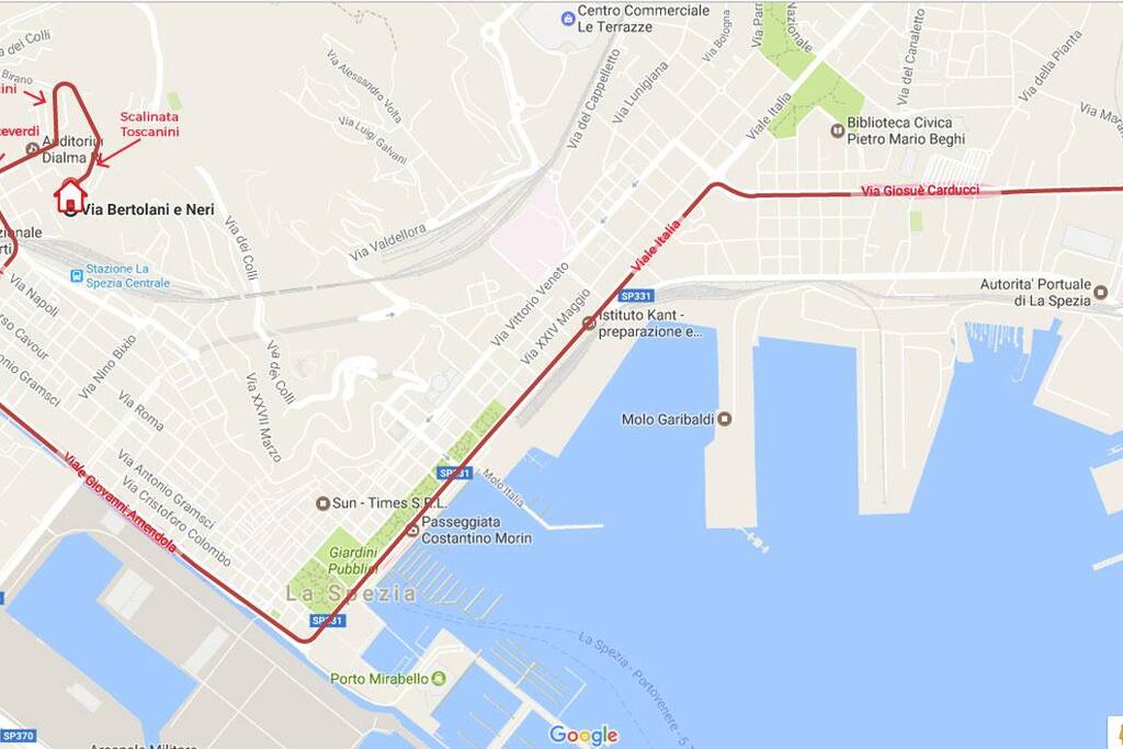 Mappa in auto: dall'uscita autostrada La Spezia in Via Carducci al parcheggio davanti a casa di Via Bertolani e Neri 2, La Spezia