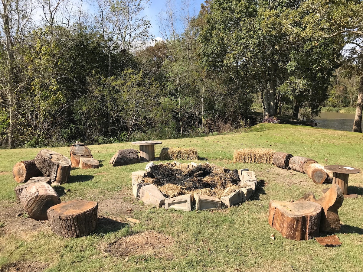 A fire pit area is surrounded by logs arranged in a circular formation. Tall grass and trees frame the space, providing a natural setting. The fire pit is constructed with stones, and the scene is illuminated by natural daylight.